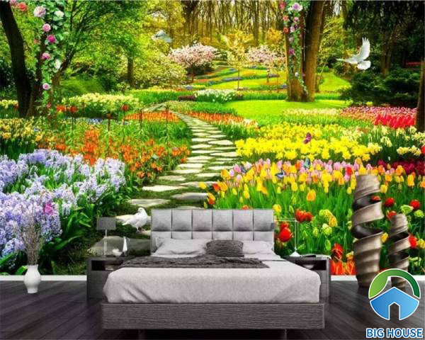 Gạch 3D phong cảnh họa tiết cánh đồng hoa đa sắc sống động 