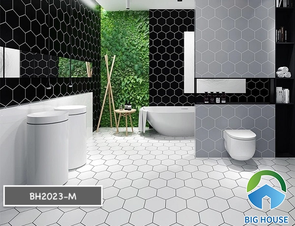 Ứng dụng gạch lục giác màu đen BH2023-M ốp nhà vệ sinh